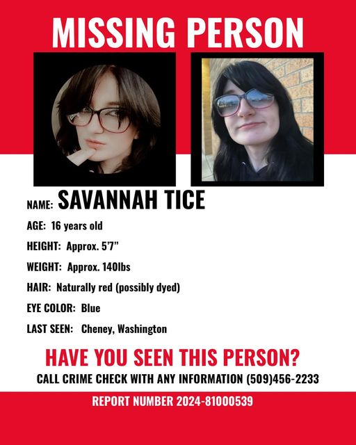 Savannah Tice Missing: Cheney Police Department Seek Assistance In Locating 16-Year-Old Teen