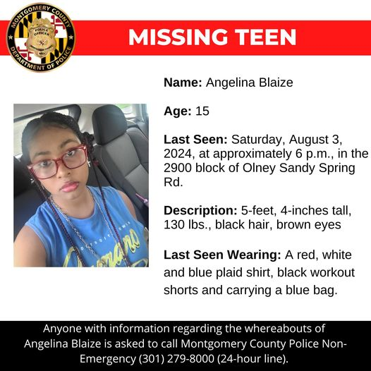 Angelina Blaize Missing: Help Montgomery County Police Department Locate 15-Year-Old Girl